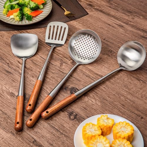FJNATINH 17inch Wok Spatula and Ladle, Skimmer Spoon, Slotted Turner Spatula Set 304 Stainless Steel Kitchen Utensils Sets, 4-Pieces Cooking Utensils Tools Wok Accessories