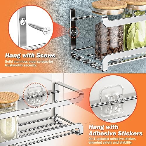 Bunoxea Spice Rack Wall Mounted 4 Pack, Chrome,For Spice Jars & Seasonings