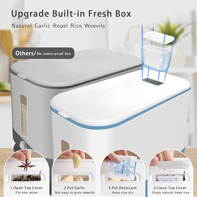 22-25 Lbs Rice Dispenser, Large Cereal Dry Food Storage Containers with Measuring Cup,BPA-Free Household for Kitchen Pantry Organization-Blue