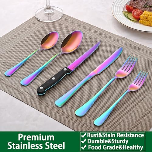 24 PCs Colorful Rainbow Silverware Sets Service For 4, Dining Utensils Set