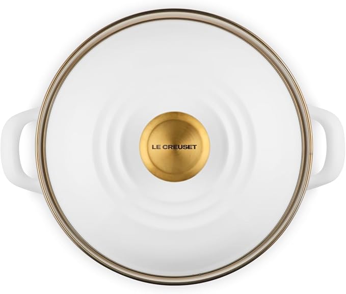 Le Creuset Enamel on Steel Traditional Petite Stockpot, 3.8 qt., White with Gold Accents