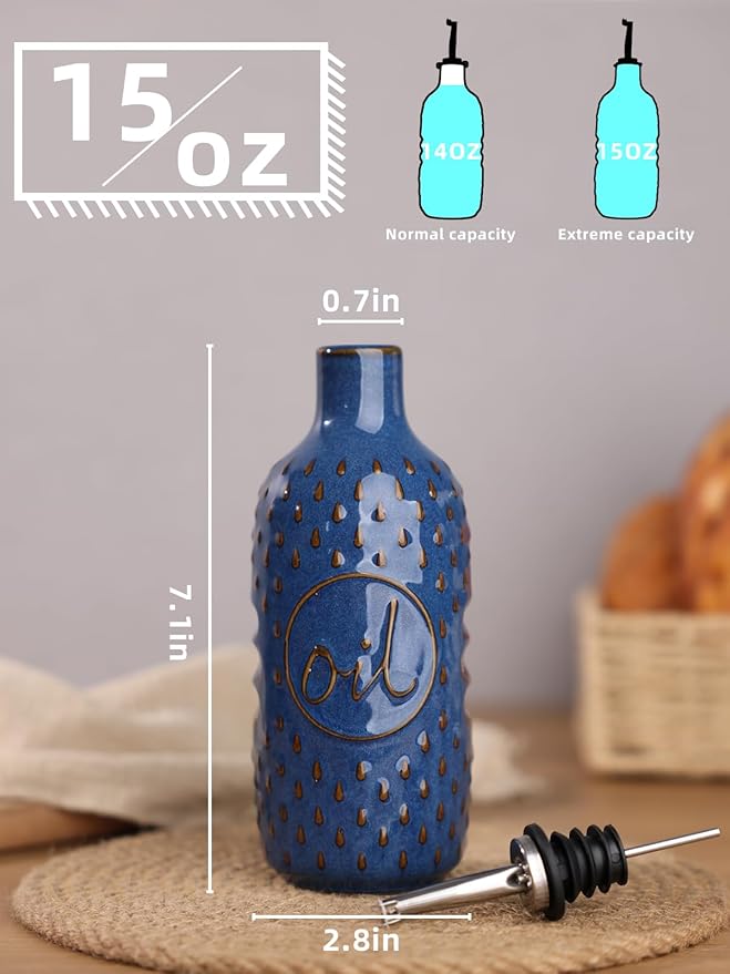 Ceramic Olive Oil Dispenser Bottle,15 Oz Oil Dispenser for Kitchen Counter,Suitable for Storage Oil, Vinegar, Coffee Syrups & Other Liquids (Vintage Blue)