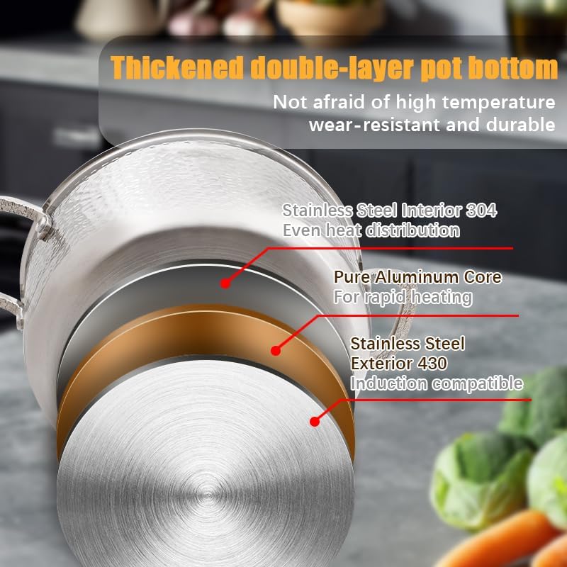 Vivicreate Tri-Ply Stainless Steel Stockpot Deep Cooking Pot with Hammered Exterior Compatible with All Stovetops Even Heat Distribution Durable Cookware for Soups Stews and More 3 QT
