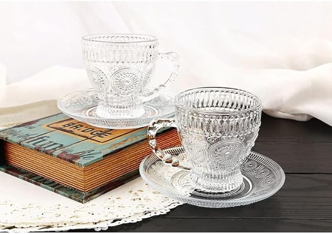 Vintage Glass Tea Cups with Saucers, Glass Mugs 7 Oz Set of 6 Espresso Coffee Embossed Glassware with Handle, for Cappuccino, Latte, Cereal, Yogurt, Beverage Hot/Cold, Milk…