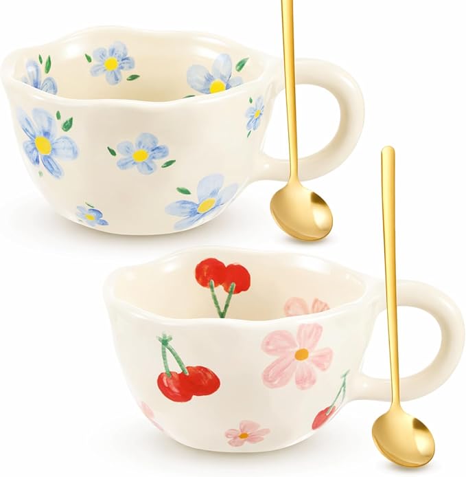 Vesici 2 Pcs Ceramic Coffee Mugs with Spoon, Vintage Floral Spring Mugs with Handle, 8.5 oz Aesthetic Flower Porcelain Tea Cup Set, Dishwasher & Microwave Safe for Home Office Gift(Lovely)