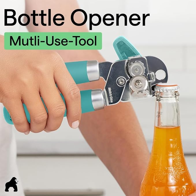 GORILLA GRIP Heavy Duty Stainless Steel Smooth Edge Manual Can Opener and Bottle Openers, Soft Comfortable Handle, Oversized Handheld Turn Knob, US Designed Multifunctional Kitchen Tool, Turquoise