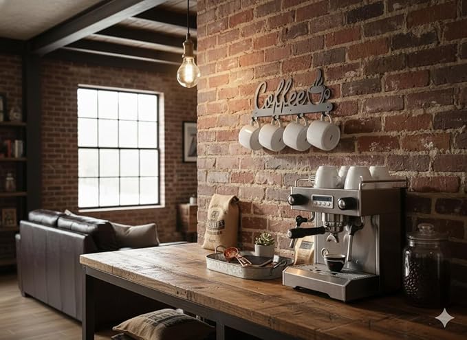 Aimto Black Metal Wall Mounted Coffee Mug Holder,with 4 Hooks and Metal Sign Modern Coffee Sign for Kitchen, Bar Station Accessories Decor