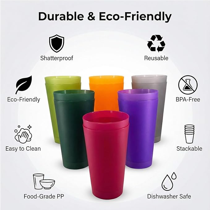 Premium 32-ounce Large Cups, Multicolor Plastic Tumblers BPA Free Set of 12 for Indoor Outdoor Use (Multicolors)