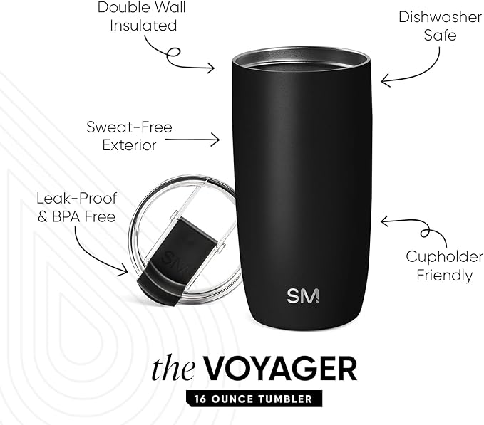 Simple Modern Voyager Tumbler with Flip Lid | Travel Coffee Mug | Insulated Stainless Steel Cold Brew Iced or Hot Coffee Cup | Gifts for Women Men Her Him | 16oz, Midnight Black | Reusable, Insulated, Cold Brew, Iced Coffee Cup, Thermos