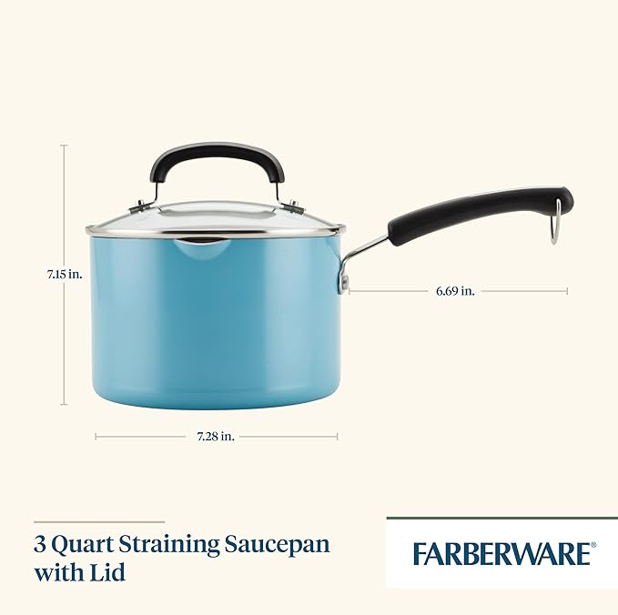 Farberware EcoAdvantage Ceramic Nonstick Straining Saucepan/Sauce Pan with Lid, 3 Quart, Aqua