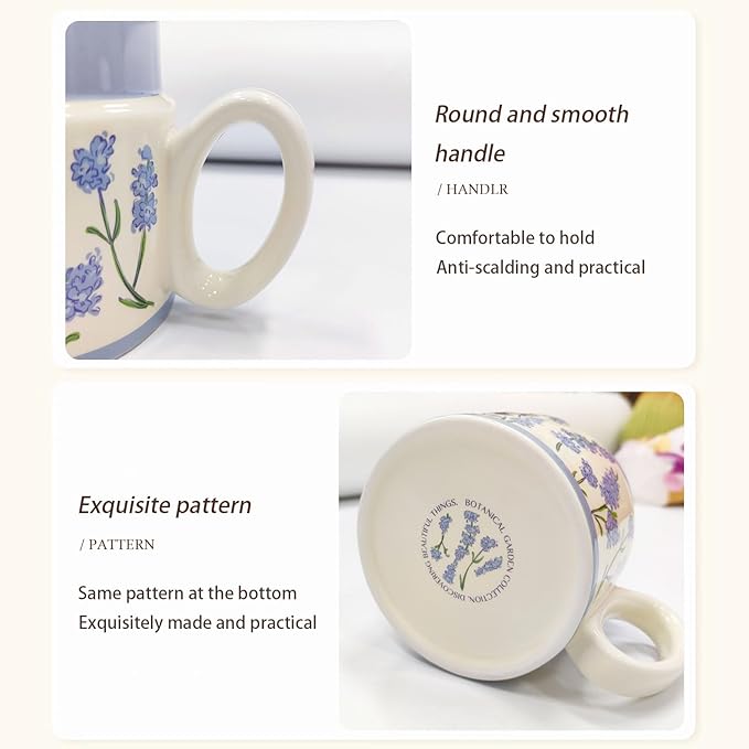 12.9oz Ceramic Coffee Mug with Lid,Flower Patterned Porcelain Mug,Ceramic Tea Cup Coffee Latte Mug for Office and Home,Blue,1 Piece