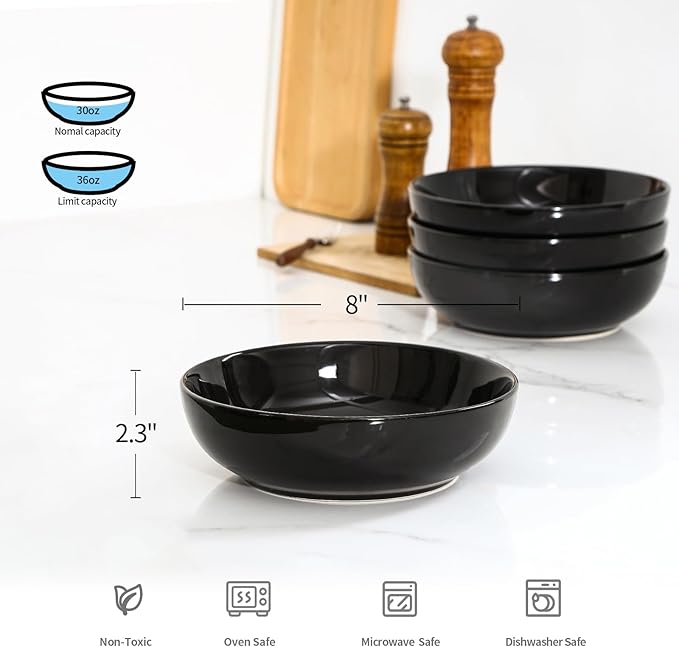Selamica Ceramic Pasta Bowls Set of 4, Large Salad Bowl, Black