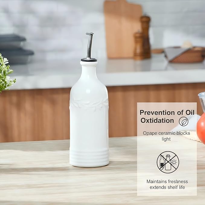 ONEMORE Ceramic Olive Oil Dispenser Bottle with Pour Spouts & Funnel, 17 oz Refillable Kitchen Oil Dispenser for Cooking, Drizzling, Dressing, Modern Leakproof Oil and Vinegar Dispenser, White