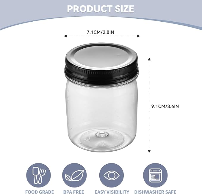 novelinks 8 oz Clear Plastic Jars with Airtight Lids, 24 Pack Plastic Mason Jars with Lids 8oz, Refillable Storage Slime Containers & Small Spice Jar for Kitchen Organization (24 Pack,Black)