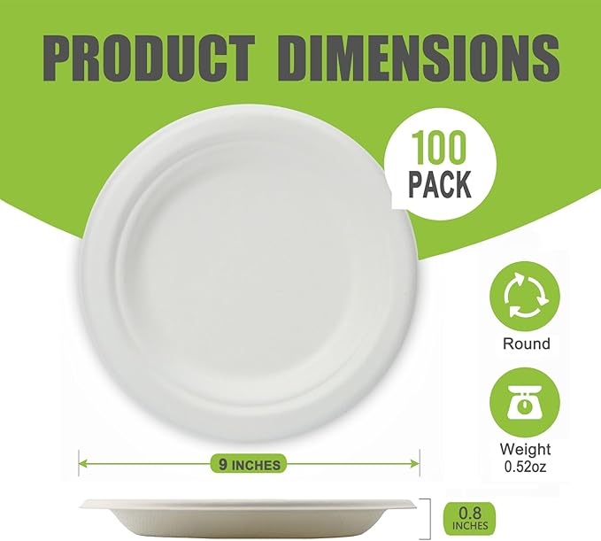 Disposable Large White Paper Plates 9 Inch - 100 Counts Heavy Duty Natural Bagasse Plates, Compostable & Oil-Proof, Microwave Safe for Family Christmas Dinner, Kids Pizza Nights & Fried Chicken Meals