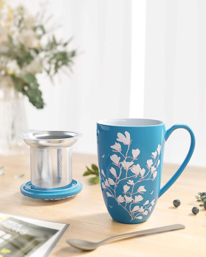 Tea Cup with Infuser and Lid - Tea Mug with Lid for Steeping Loose Leaf Coffee Milk Women Office Home Gift 16oz Navy Flower