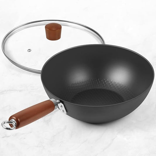 Carbon Steel Wok Pan, 9.5" Authentic Chinese Stir-Fry Pans Set with Glass Lid, 1.65lb Lightweight Flat Bottom Small Wok for 1-2 Servings