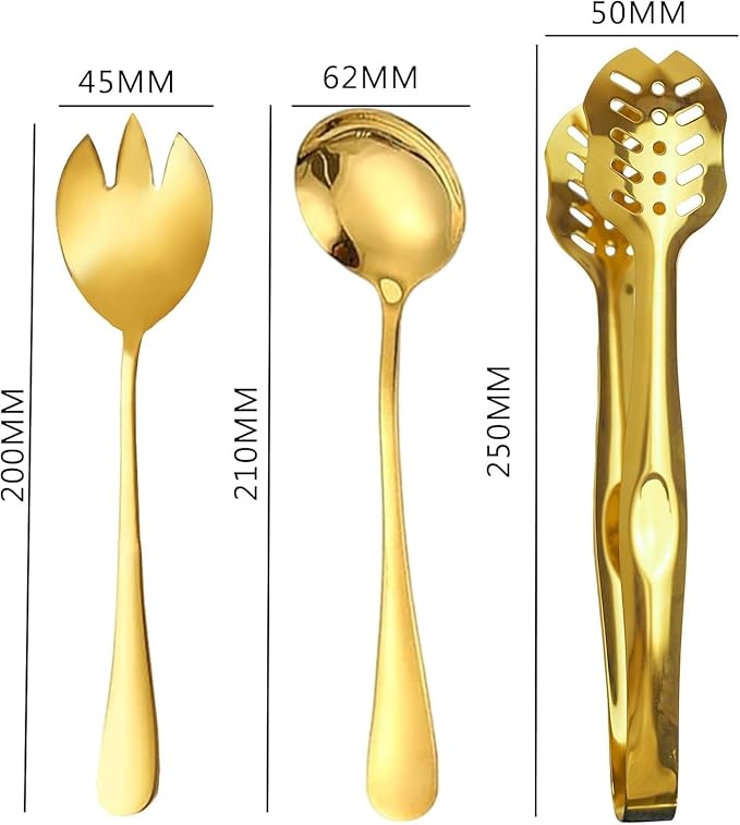 Golden Flatware 7 Piece Stainless Steel Set Includes Serving Spoons, Slotted Serving Spoon, Serving Tongs, Serving Fork, Salad Fork, Soup Ladle, Pie Server