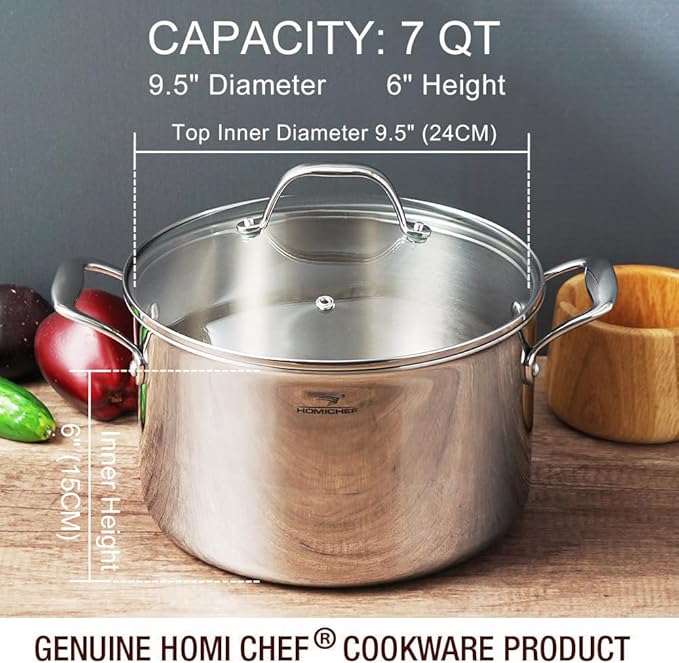 HOMICHEF Mirror Polished NICKEL FREE Stainless Steel 7 QT(Quart) Stock Pot with Glass Lid (No Toxic Non Stick Coating, Whole-Clad 3-Ply) - Triply Stainless Steel Pots and Pans - Soup Pots with Lids