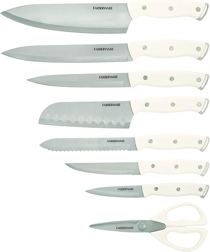 Farberware Edgekeeper Triple Riveted Knife Block Set with Built in Sharpener, 14-Piece, White