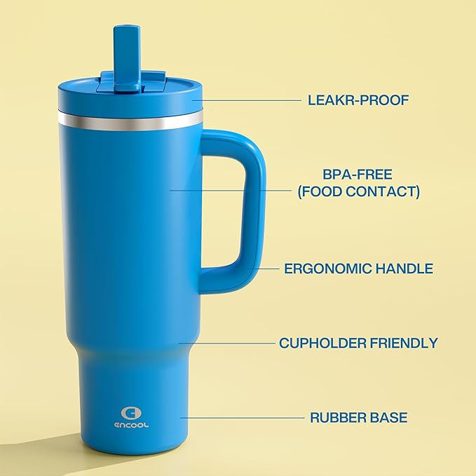 40 oz Tumbler with Handle and Straw: Stainless Steel Insulated Tumbler Keeps Cold for 24 Hours, Leakproof Travel Cup Fits in Cup Holder and BPA-Free,Celtic Blue