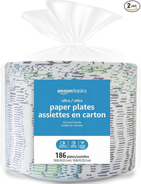 Amazon Basics Ultra Sturdy Paper Plates, 10 Inch, Disposable, 372 Count (2-Pack of 186)