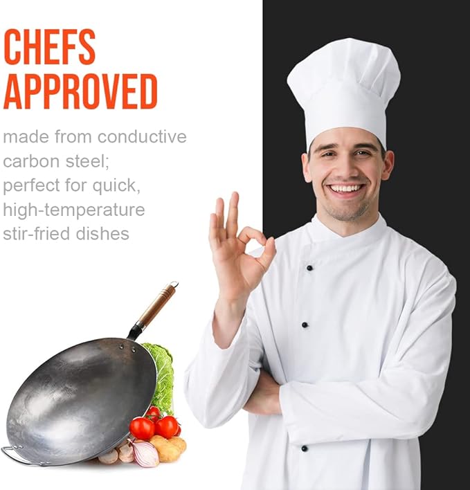 Carbon Steel Wok Pan, Stir Fry Pans, 13 Inch Wok Pan with Support Ring and Spatula, Nonstick Woks and Stir-fry Pans, No Chemical Coated Round Bottom Chinese Wok for Electric, Gas, All Stoves