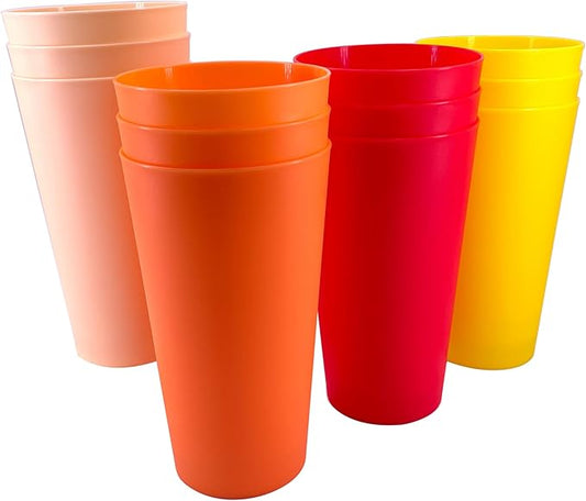 32 oz Large Plastic Cups Reusable, Big Drinking Cups for Kitchen, Stackable Water Tumblers, BPA-free, Dishwasher Safe, Unbreakable Bright Colors set of 12 Indoor Outdoor Use