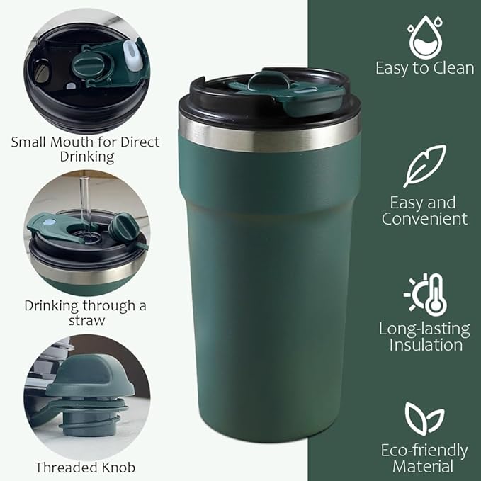 Travel Coffee Mugs Leak-Proof, Reusable Coffee Cups with Lids, Stainless Steel Vacuum Insulated Coffee Tumblers, Thermal Insulation Cups for Men and Women Hot & Cold Drinks(4th-Green, 16OZ)
