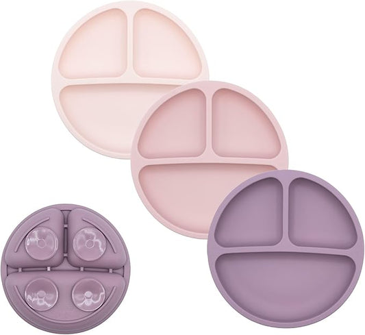 WeeSprout Suction Plates for Babies & Toddlers - 100% Silicone, Dinnerware Stays Put, Divided Design for Picky Eaters, Microwave & Dishwasher Friendly, 3 Pack (Matte Pink, Purple & Blush Pink)
