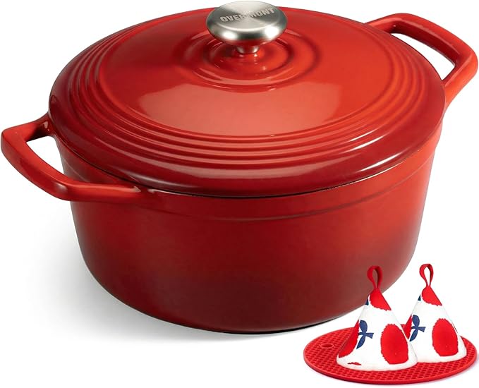 Overmont Enameled Cast Iron Dutch Oven - 5.5QT Pot with Wide Handles Lid Cookbook & Cotton Potholders - Heavy-Duty Pre-Seasoned Cookware Oven Safe to 500°F for Braising, Stews, Roasting, Bread Baking