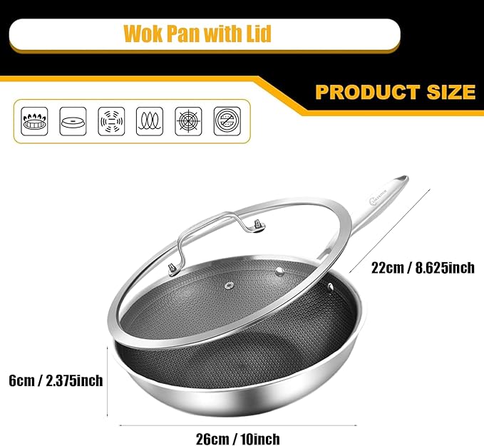 LOLYKITCH Hybrid 10 Inch Tri-Ply Stainless Steel Wok Pan with Lid,Ceramic Non Stick Stir Fry Pan,Induction Cooking Pan,Dishwasher and Oven Safe,Riveted Handle