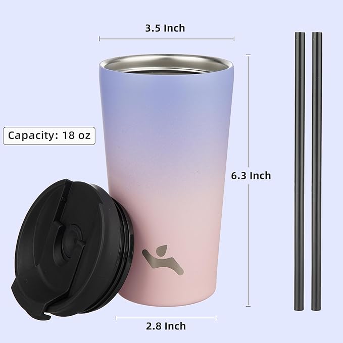 18 OZ Insulated Tumbler with Lid and 2 Straws Stainless Steel Water Bottle Vacuum Travel Mug Coffee Cup,Lavender Green