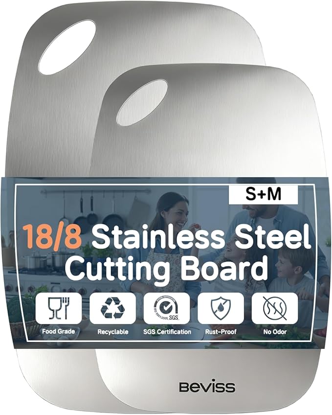Non-Toxic Cutting Board Set of 2, 304 Stainless Steel Cutting Board Double Sided, Chopping Board for Kitchen, Dishwasher Safe Chopping Board for Meat, Vegetables or Fruit, S+M