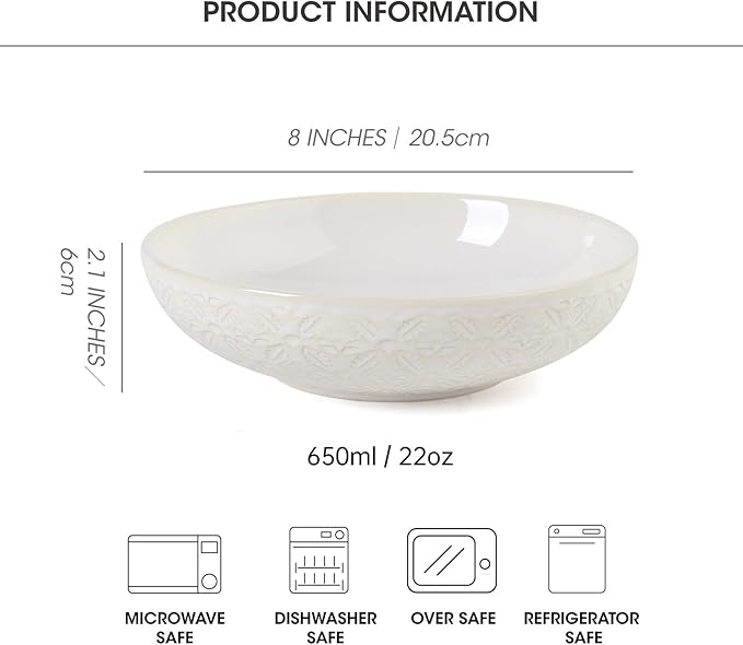 22 Oz Pasta Bowls Set of 4, Large Ceramic Serving Bowls, 8 inch Porcelain Embossed Bowl for Salad, Soup, Fruit, Rice, Desserts, Ramen, Housewarming Present, Kitchen Decor, Dishwasher Safe