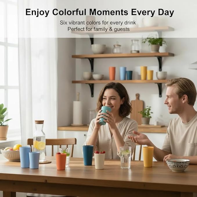 12 Pack Premium Wheat Straw Cups, 6 Pcs 20 oz & 6 Pcs 10 oz Unbreakable Drinking Cups, Alternative to Plastic Cups Sets, Reusable Water Glasses Tumbler, Microwave & Dishwasher Safe, Bpa Free, 6 Colors