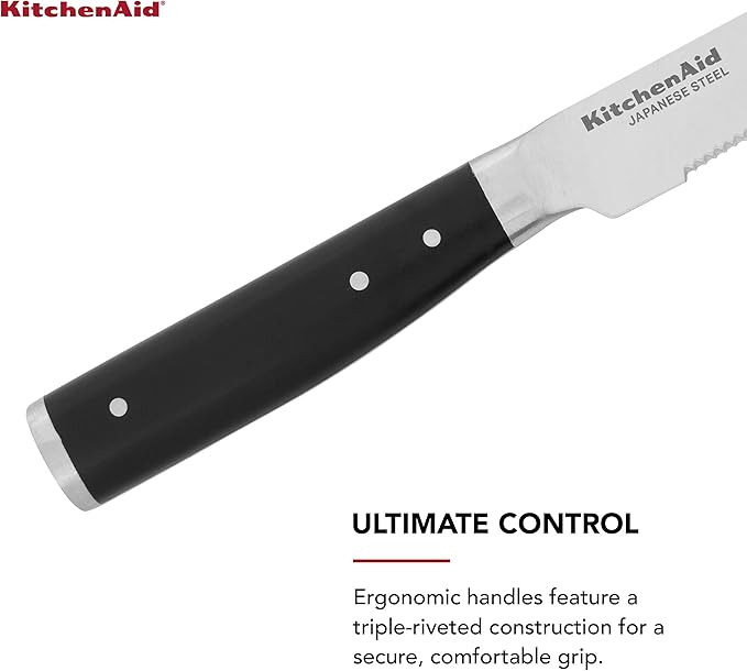 KitchenAid Gourmet 4 Piece Forged Triple Rivet Steak Knife Set, High Carbon Japanese Steel, Sharp Kitchen Knife Set, 4.5 inch, Black