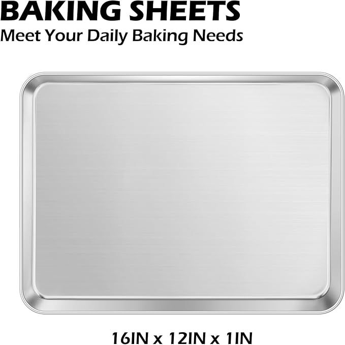 Stainless Steel Baking Sheets Pan, Leonyo 2 Pack 16IN x 12IN Stainless Steel Cookies Sheets for Baking, 1IN Deep Metal Toaster Jelly Roll Pan Tray for Oven, Dishwasher Safe