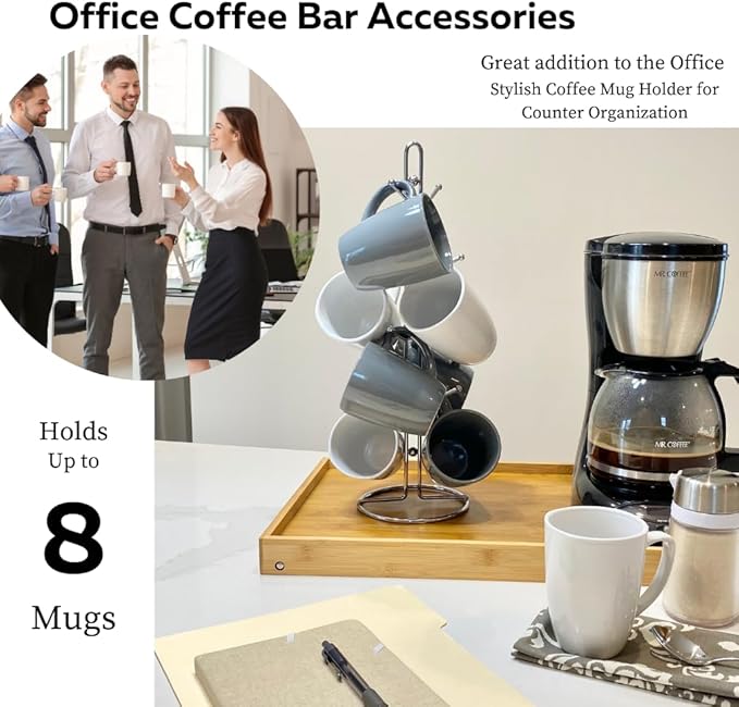 Evelots Coffee Cup Holder for Kitchen Countertop - Tree Hooks Hold 8 Large Mugs - Tea Cup Storage Rack - Sturdy Rust Free Steel - Chrome Finish - Coffee Counter Bar Display, Stand - Come in One Piece