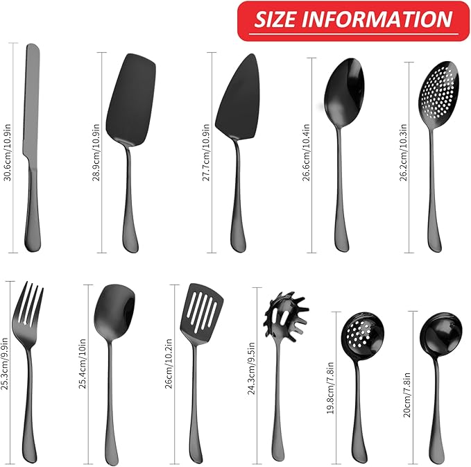 Black Stainless Steel Kitchen Utensils Set 11 Pcs Cooking Utensils Hostess Serving Heat Resistant Kitchen Essentials Metal Kitchen Gadgets Accessories,for Buffet,Wedding,Party Dishwasher Safe