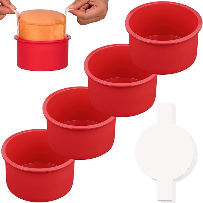 HUAKENER 4 Inch Cake Pan, 4 Pack Silicone Cake Molds with 100 Pieces Parchment Paper, Nonstick Round Cake Pan for Smash Cakes, Layer Cakes, Cheese Caks, Chocolate Cakes ﻿