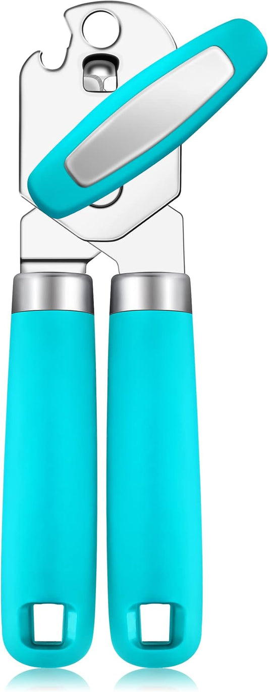 Rainspire Can Opener Manual Handheld Strong Manual Can Opener Smooth Edge Cut, Can Opener Heavy Duty, Comfortable Soft Handle, Built-in Bottle Opener, Blue