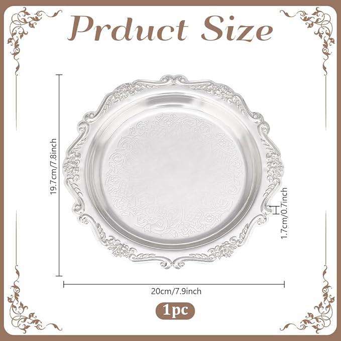 PH PandaHall 7.8" Silver Tray Jewellery Display Tray Serving Tray Decorative Round Platter Vintage Style Candle Tray Dispenser for Wedding Party Home Kitchen Centerpiece Display Perfume Organizer