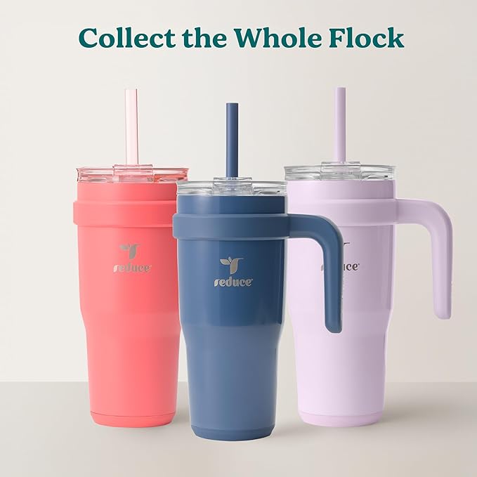 REDUCE 24 oz Stainless Steel Tumbler with Handle - Dual-Wall Vacuum Insulated Travel Mug, Sweat-Proof Lid & Reusable Straw - Keeps Drinks Cold for 24 Hrs, Fits Cupholders, Dishwasher Safe - Sand