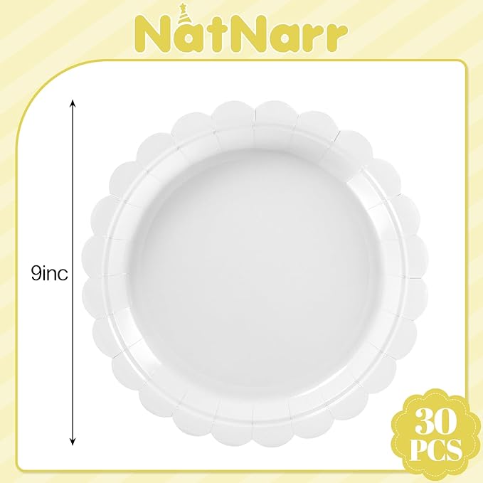 30 Pcs Scalloped Plates 9 Inch Disposable White Paper Plates Cute Dessert Cake Plate Dinner Party Plate for Wedding, Birthday, Graduation