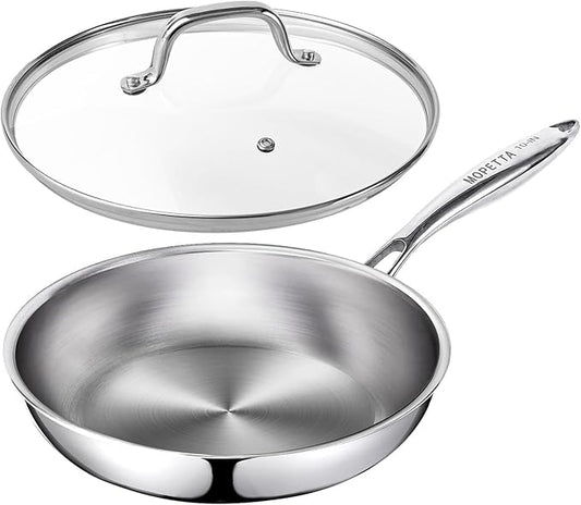10 inch Tri-Ply Stainless Steel Frying Pan with Lid,No Coatings PFOA&PTFE Free Skillets,Chef's Pans,Dishwasher and Oven Safe Cookware, Compatible with All Cooktops