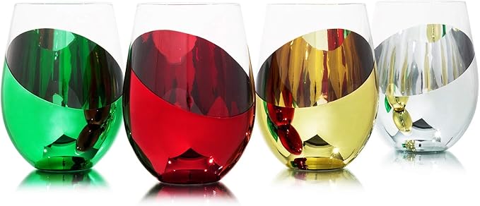MyGift 4 Piece Stemless Glassware Set, Holiday Multicolor Angled Wine Glasses, Dipped Gold Silver Red Green Colored Mirrored Glass Cocktail Drinking Cups, 18 oz Capacity