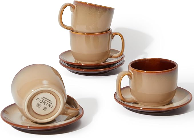 Stoneware Coffee Cups with Saucers, 6 Oz Cappuccino Cups Set of 4, Microwave & Dishwasher Safe, Perfect For Tea, Espresso, Latte, Ceramic Mugs for Kitchen or Cafe, Brown Yellow