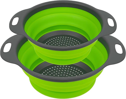 AUAUY 2 Pack Collapsible Colander Set, Round Silicone Folding Collapsible Strainers with Plastic Handles, Eco-Friendly Food Strainer for Kitchen Draining Pasta Vegetables Fruits-1 Large and 1 Small