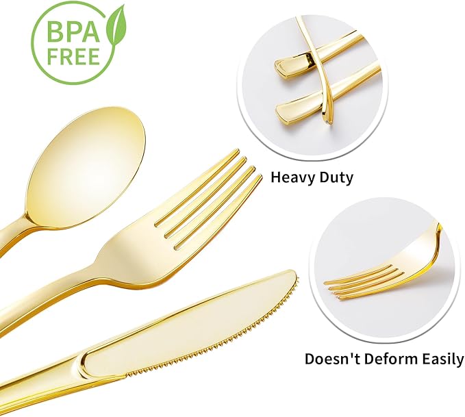 Goodluck 50 Pack Pre Rolled Gold Plastic Silverware, Wrapped Plastic Cutlery Set with Napkin Include 50 Forks, 50 Knives, 50 Spoons and 50 Napkins, Fancy Disposable Silverware for Party, Wedding